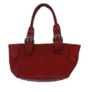 Tignanello Red Pebbled Leather Handbag Dual Buckle Straps Chain Print Lining
